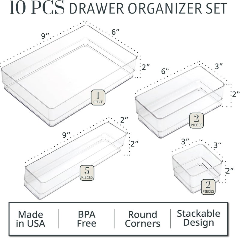 STORi SimpleSort 10-Piece Stackable Clear Drawer Organizer Set | Multi-size Trays | Makeup Vanity Storage Bins and Office Desk Drawer Dividers | Made in USA - Image 2