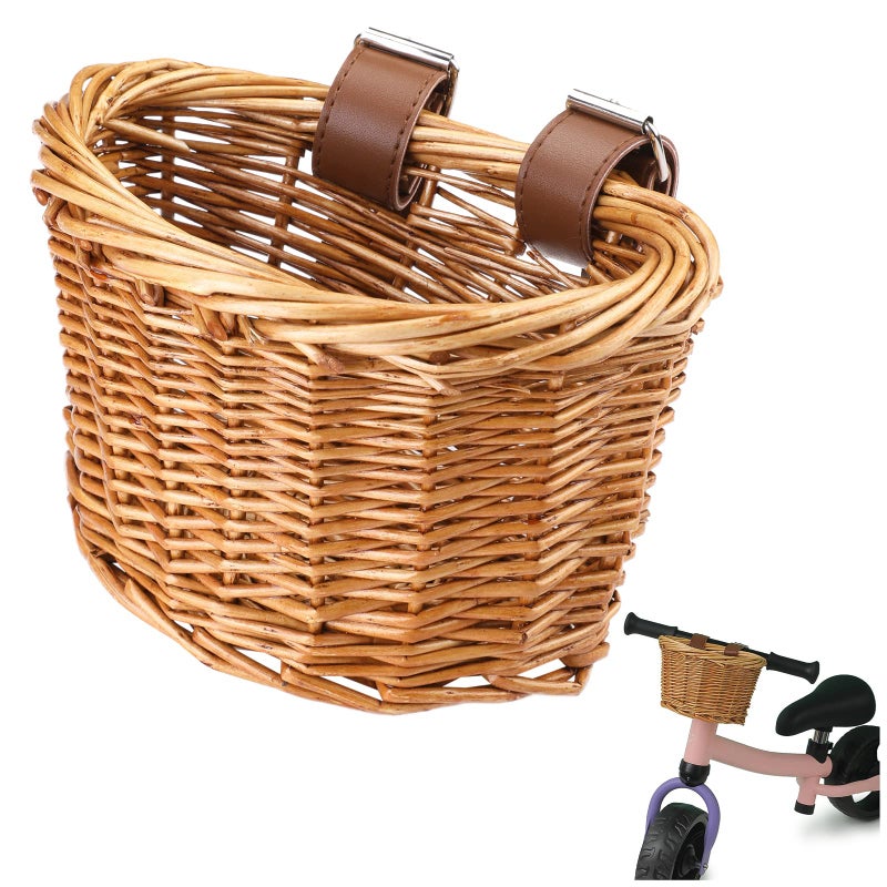 BATTIPAW Kids Bike Basket with Adjustable PU Belts, Wicker Bike Baskets Handmade Woven Rattan Bike Basket Front Handle Children Bike Basket for Children Bicycle Accessories (Brown) - Image 1