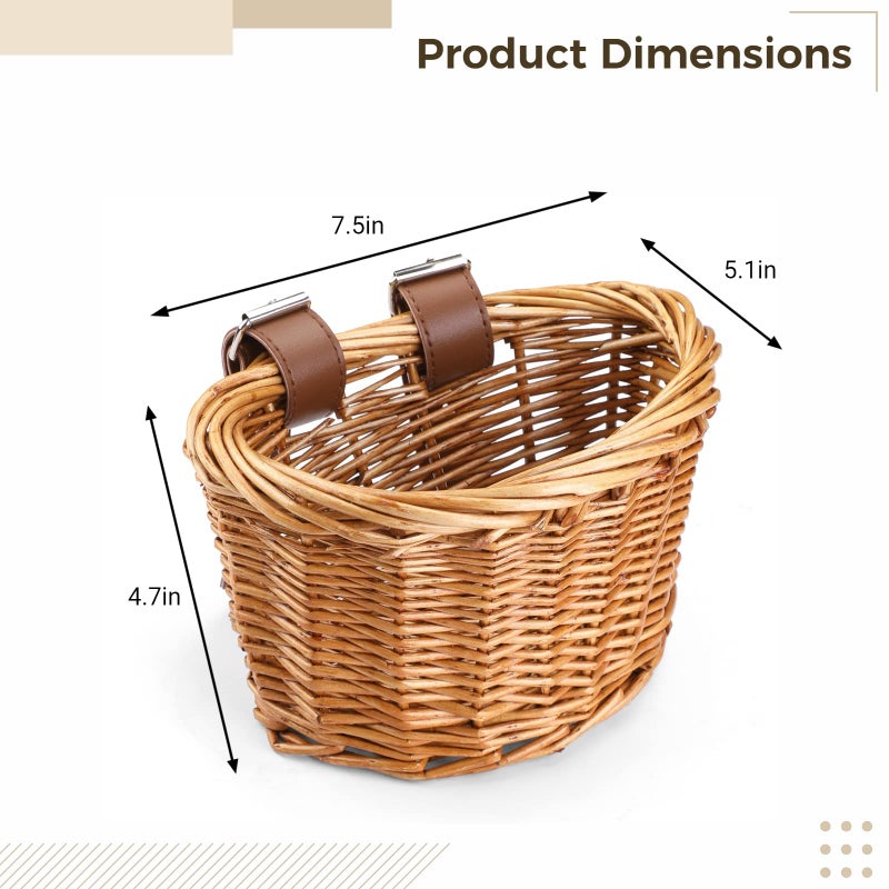 BATTIPAW Kids Bike Basket with Adjustable PU Belts, Wicker Bike Baskets Handmade Woven Rattan Bike Basket Front Handle Children Bike Basket for Children Bicycle Accessories (Brown) - Image 5