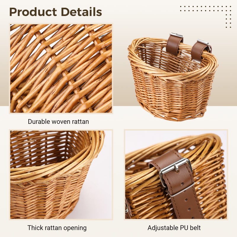 BATTIPAW Kids Bike Basket with Adjustable PU Belts, Wicker Bike Baskets Handmade Woven Rattan Bike Basket Front Handle Children Bike Basket for Children Bicycle Accessories (Brown) - Image 4