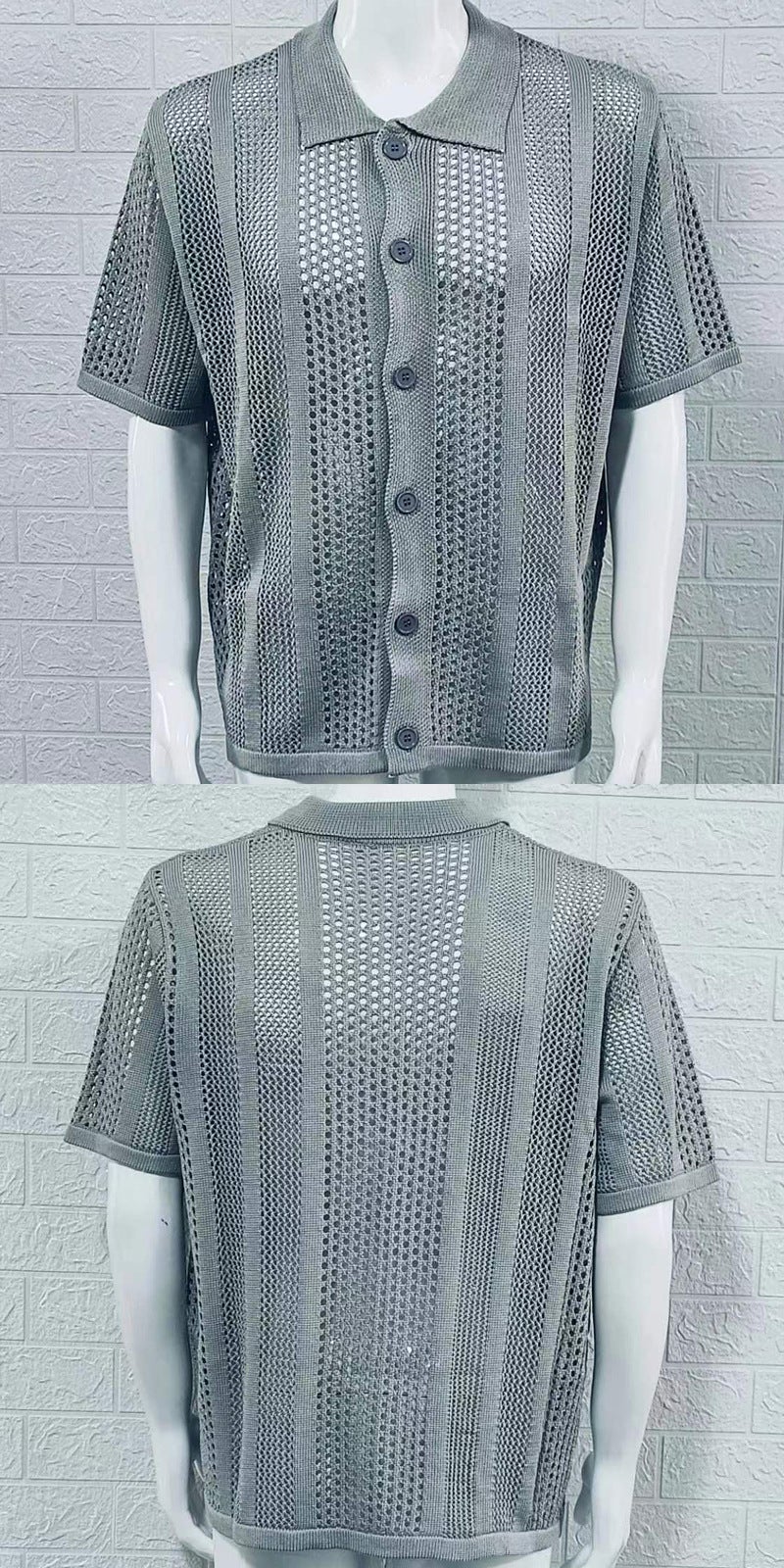Summer Mens Knit Polo Short Sleeve Breathable Cardigan Grey - Image 1