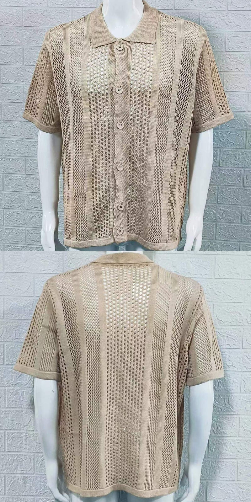 Summer Mens Knit Polo Short Sleeve Breathable Cardigan Grey - Image 2