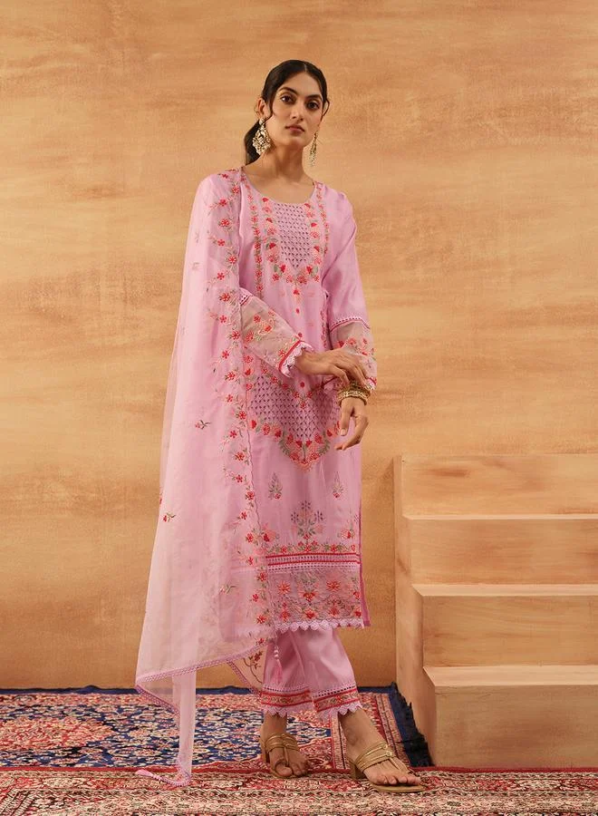 ISHIN Women's Pink Roman Silk Embroidered Tunic Top With Ankle Palazzo Straight 3 Peice Kurta Set