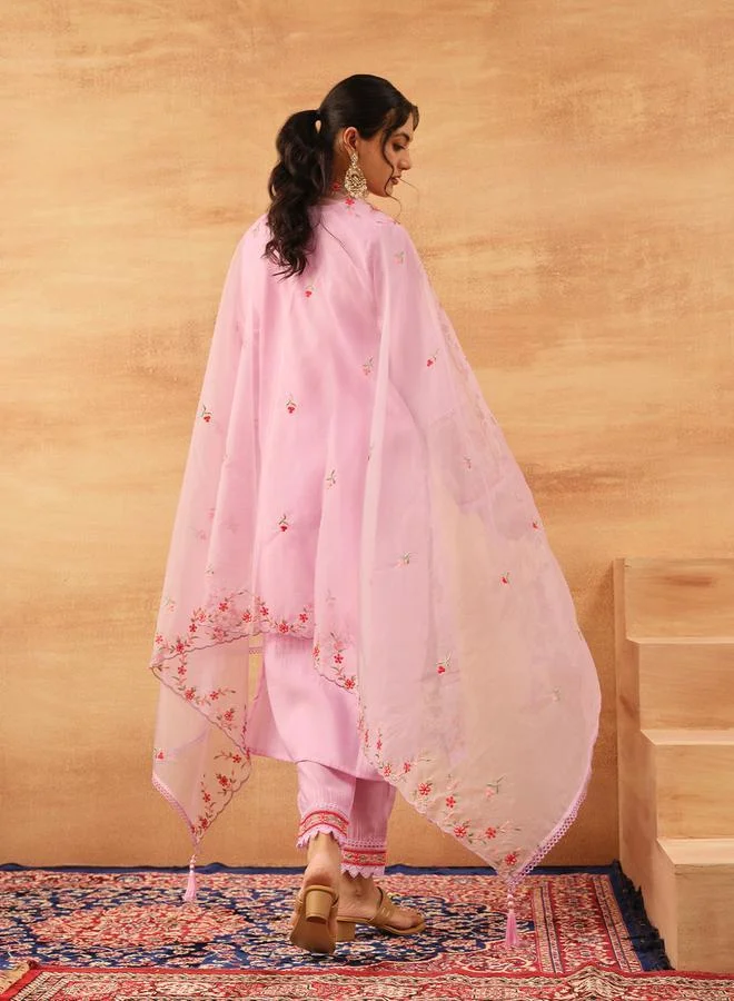 ISHIN Women's Pink Roman Silk Embroidered Tunic Top With Ankle Palazzo Straight 3 Peice Kurta Set