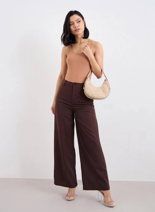 Styli Solid Wide Leg Pants with Belt Loops