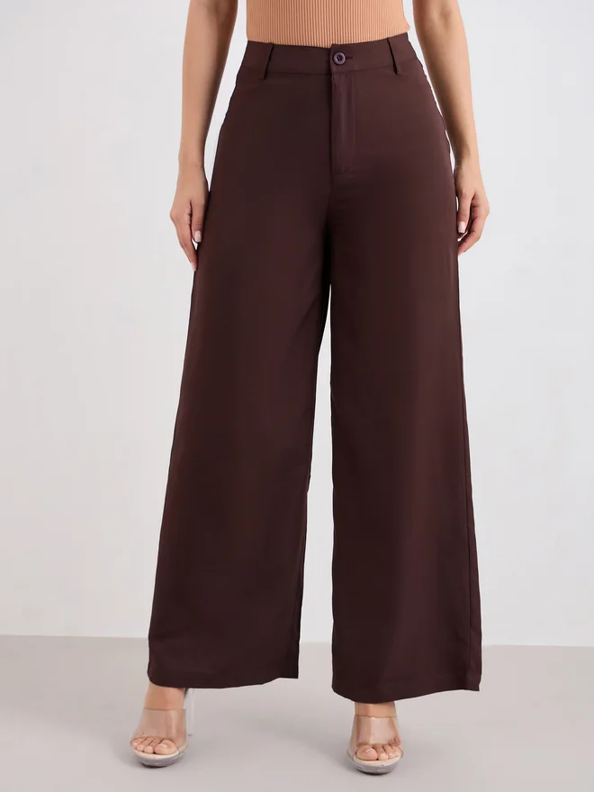 Styli Brown Solid Wide Leg Pants