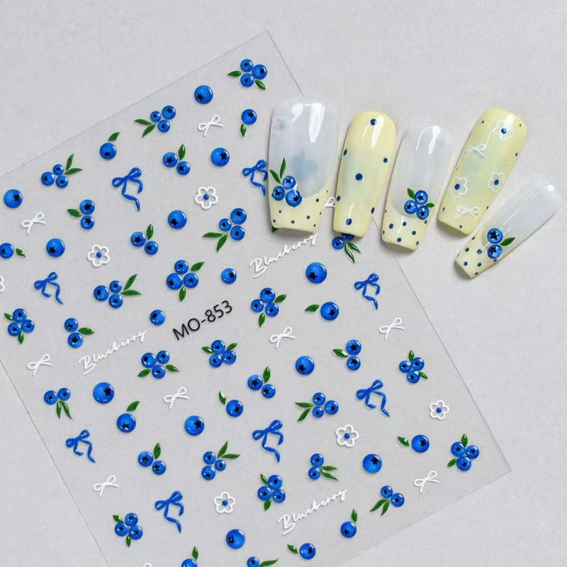 Nail Art Stickers | 5D Blueberry Nail Stickers | Embossed Self-Adhesive Blueberry, French Polka Dot & Leaf Nail Decals for Spring & Summer DIY Manicure | Nail Decorations for Gel, Acrylic & Natural Nails