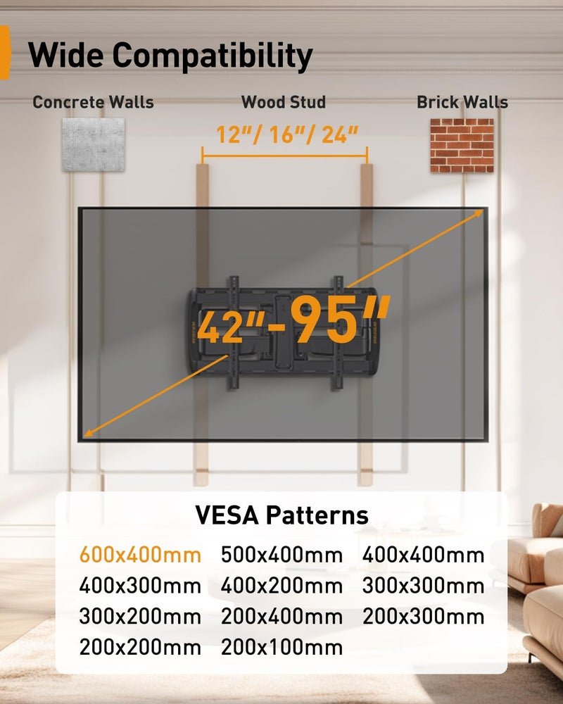 Perlegear Full Motion Sliding TV Wall Mount for 42-95 inch TVs up to 150 lbs with Cable Management, Fits 12â€³/16â€³/24â€³ Wood Studs, Swivel TV Mount Bracket, Tool-Free Tilt, Max VESA 600x400mm PGTVM41B - Image 2