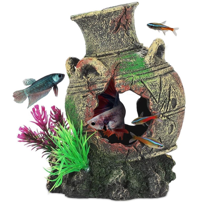 UNEAK Aquarium Decorations Big Cave Fish Tank Large Vase Jar Jug Sunken Ornament Landscaping Rocks Saltwater Freshwater Small Medium Fish Garden Pond Ornaments Resin
