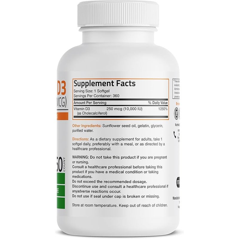 Bronson Vitamin D3 10,000 IU (250 mcg) High Potency - Supports Healthy Immune System, Strong Bones, Muscles & Teeth - Non GMO, 360 Softgels - Image 2