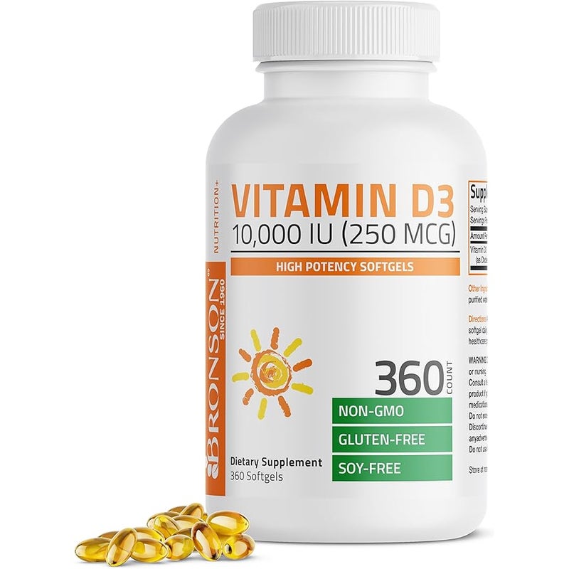 Bronson Vitamin D3 10,000 IU (250 mcg) High Potency - Supports Healthy Immune System, Strong Bones, Muscles & Teeth - Non GMO, 360 Softgels - Image 1