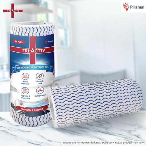 Tri-Activ Washable & Reusable Kitchen Towel Roll | 80 Pulls per Roll, 160 Sheets Pack of 2 | Highly Absorbent Kitchen Tissue Roll | Non Woven Fabric | Better alternative to Paper Tissue Roll | Blue - Image 2