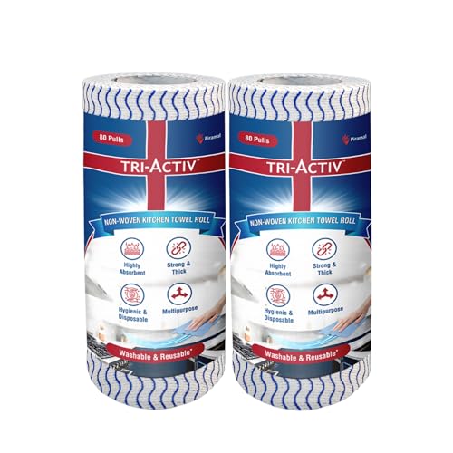 Tri-Activ Washable & Reusable Kitchen Towel Roll | 80 Pulls per Roll, 160 Sheets Pack of 2 | Highly Absorbent Kitchen Tissue Roll | Non Woven Fabric | Better alternative to Paper Tissue Roll | Blue - Image 1