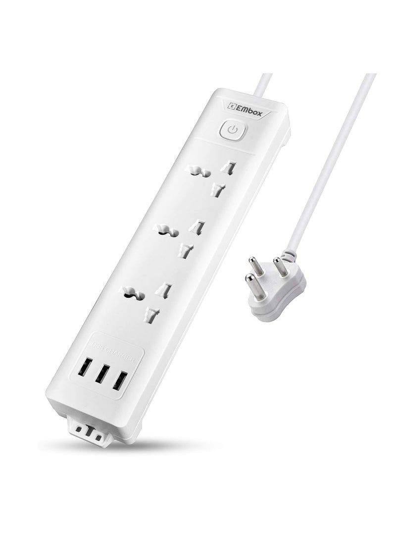 EMBOX EMBOX 10A Extension Board with USB Master SwitchSpike Guard with 3 Universal Sockets and 3 USB PortsExtension Cord with Safety Shutter2500W 3 Sockets 3 USB 2 Mtr Cord Length  - Image 1