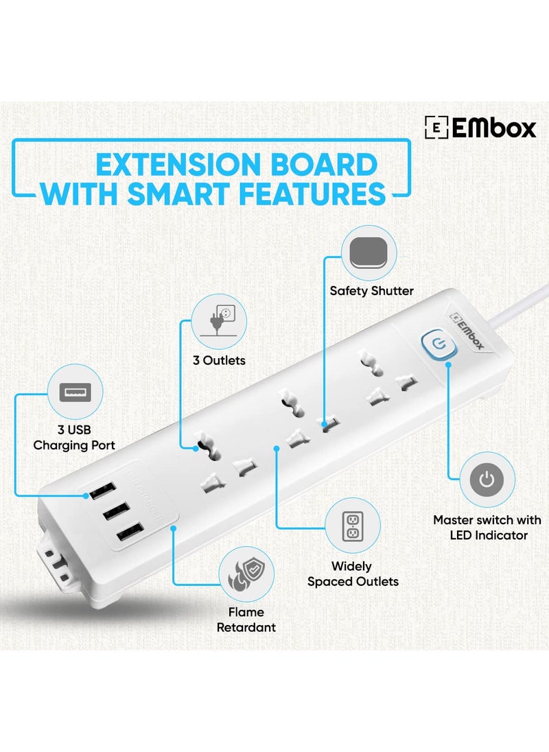 EMBOX EMBOX 10A Extension Board with USB Master SwitchSpike Guard with 3 Universal Sockets and 3 USB PortsExtension Cord with Safety Shutter2500W 3 Sockets 3 USB 2 Mtr Cord Length  - Image 3