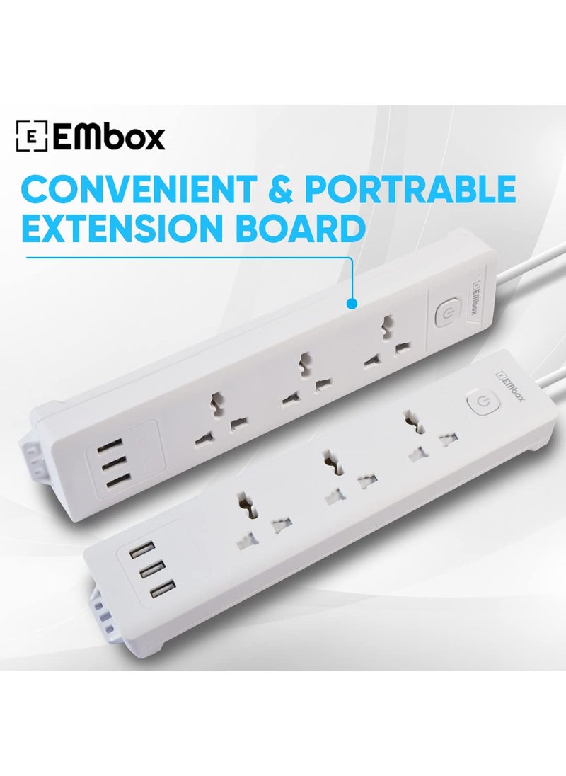 EMBOX EMBOX 10A Extension Board with USB Master SwitchSpike Guard with 3 Universal Sockets and 3 USB PortsExtension Cord with Safety Shutter2500W 3 Sockets 3 USB 2 Mtr Cord Length  - Image 2