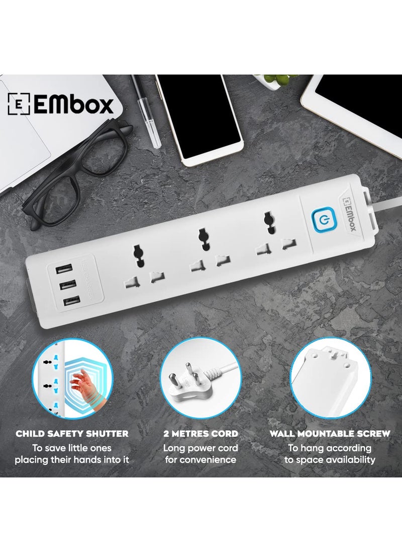 EMBOX EMBOX 10A Extension Board with USB Master SwitchSpike Guard with 3 Universal Sockets and 3 USB PortsExtension Cord with Safety Shutter2500W 3 Sockets 3 USB 2 Mtr Cord Length  - Image 4