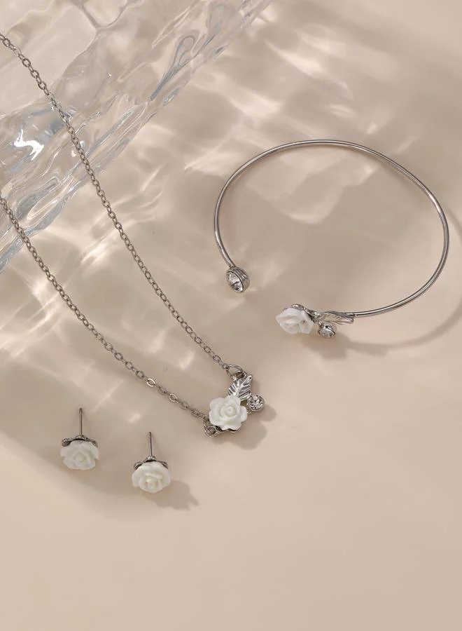 Take Two  Girls Silver Tone Flower Charm Necklace, Bracelet and Earring Set for Women | Best Price UAE