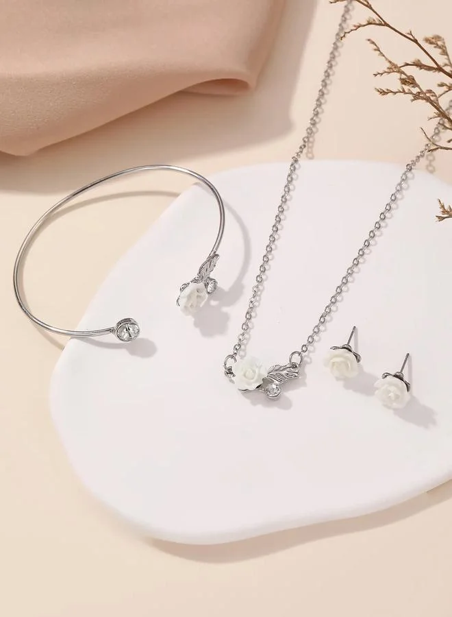 Take Two  Girls Silver Tone Flower Charm Necklace, Bracelet and Earring Set for Women | Best Price UAE
