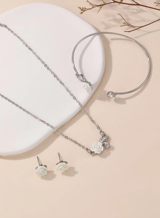 Take Two  Girls Silver Tone Flower Charm Necklace, Bracelet and Earring Set for Women | Best Price UAE