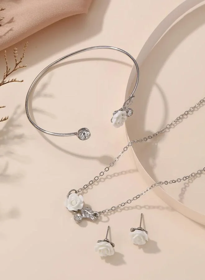 Take Two  Girls Silver Tone Flower Charm Necklace, Bracelet and Earring Set for Women | Best Price UAE