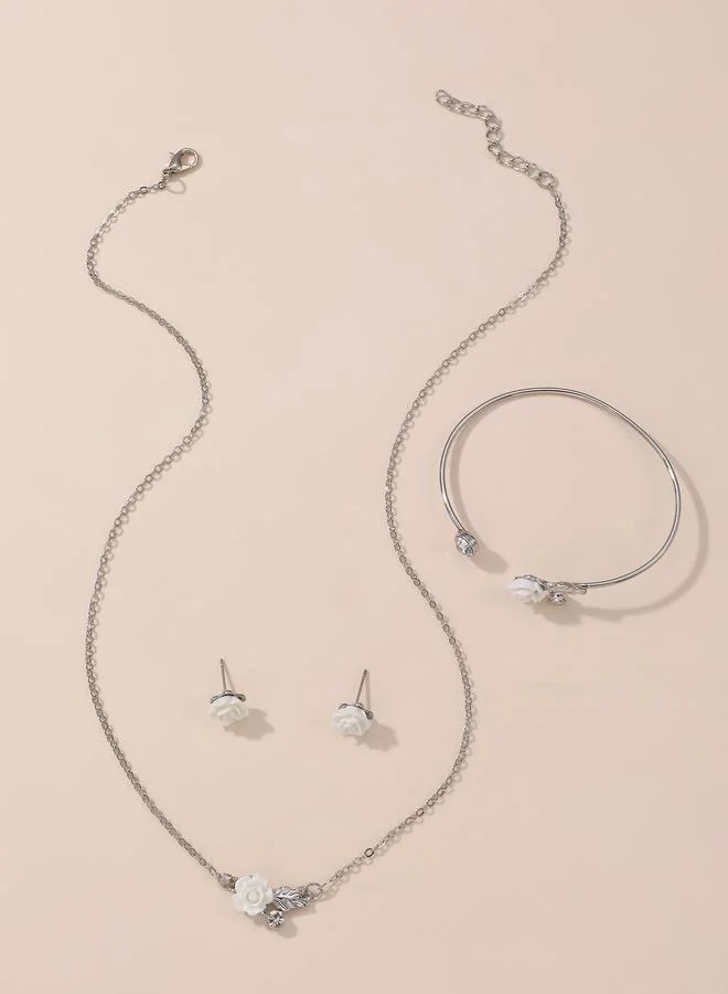 Take Two  Girls Silver Tone Flower Charm Necklace, Bracelet and Earring Set for Women | Best Price UAE