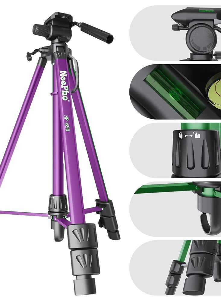 NeePho High Quality Aluminum Tripod NP-690 with Lightweight Telescopic Design Adjustable up to 173cm, Ideal for Smartphones, Cameras, and Ring Lights - Strong Stability, Compact Folding Length 65cm, Free Carrying Bag and Phone Holder Included, Perfect Choice for Photography, Live Streaming, and Travel - purple  - Image 3