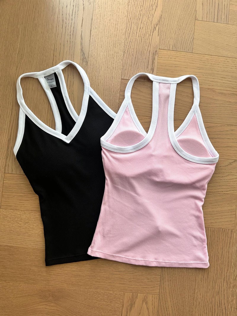Danysu V Neck Racerback Tank Top for Women with Built in Bra Ribbed Long Tank Fitted Basic Cami Tops Color Block Black L - Image 4