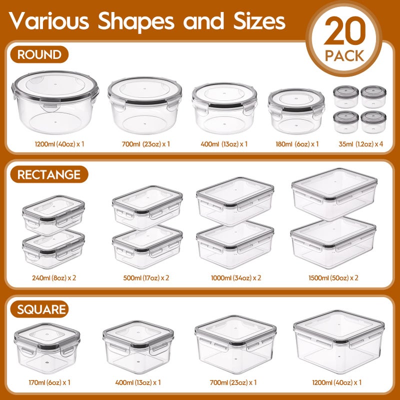 KEMETHY 40 Pcs Food Storage Containers with Lids Airtight (20 Containers & 20 Lids), Plastic Meal Prep Container for Pantry & Kitchen Organization, BPA-Free, Leak-Proof with Labels & Marker Pen - Image 2