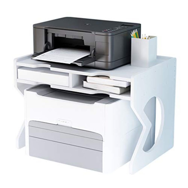Printer Desktop Stands, Desk Organiser white with Storage Office Supplies Printer Stand for Fax Machine, Scanner, Files, Office Supplies with Adjustable Feet 18.5"x12.4" - Image 1