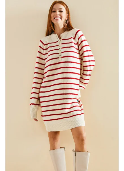 لايث Striped Buttoned Soft Knitwear Dress