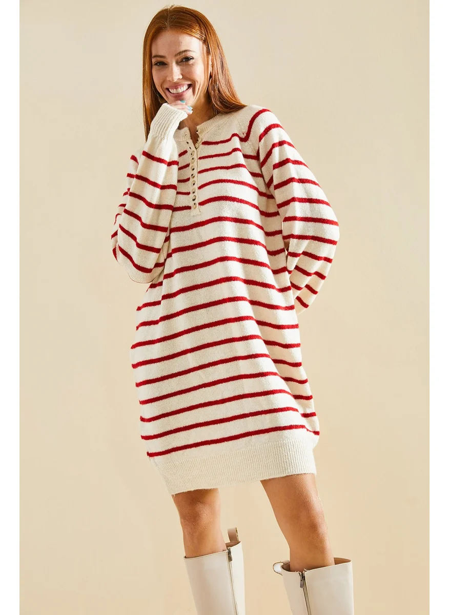 لايث Striped Buttoned Soft Knitwear Dress