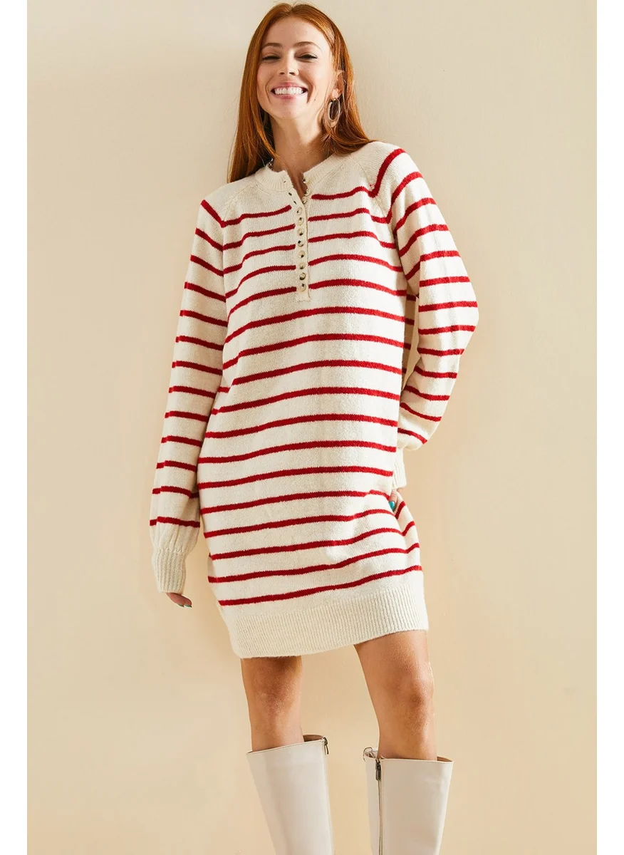 Lithe Striped Buttoned Soft Knitwear Dress