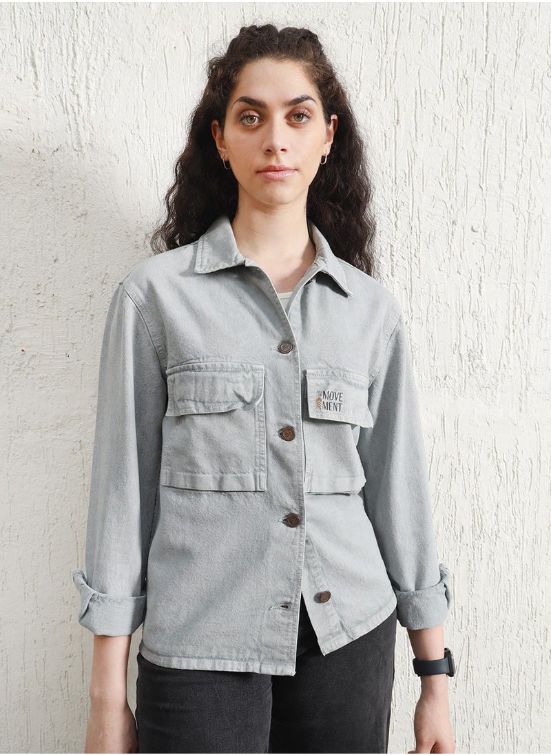 Hubberholme Sage Green Regular Fit Jacket for Women, Spread Collar, Cotton Fabric  - Image 2