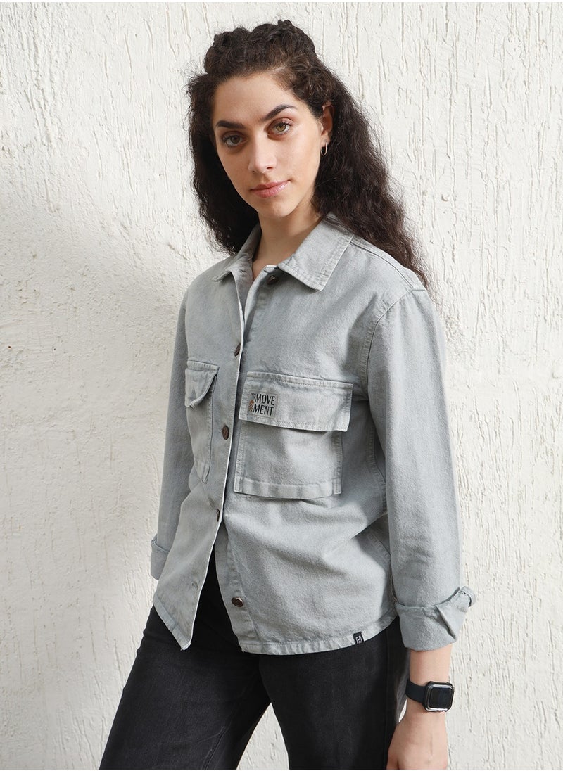 Hubberholme Sage Green Regular Fit Jacket for Women, Spread Collar, Cotton Fabric  - Image 3