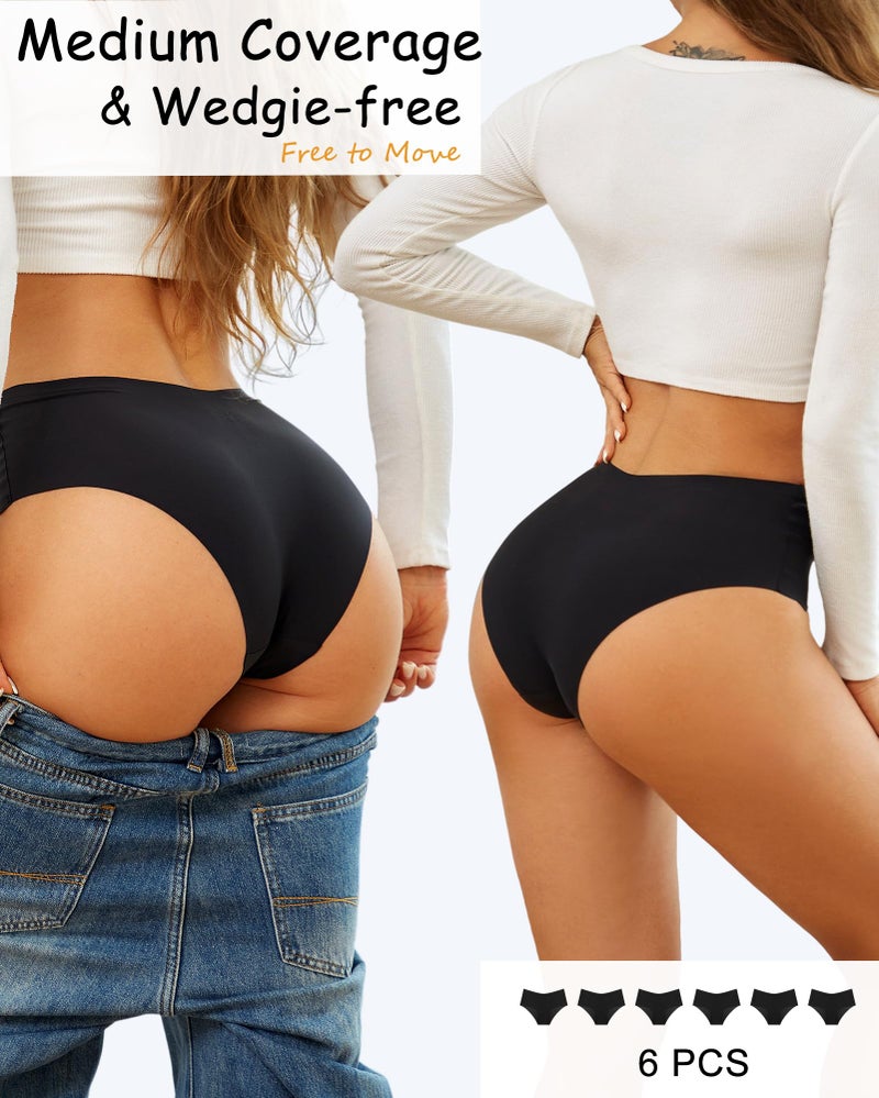 Sth Big High Waisted Seamless Underwear for Women No Show Panties Cheeky Scalloped Edge Bikini Breathable Briefs 6 Pack, Large Black - Image 3