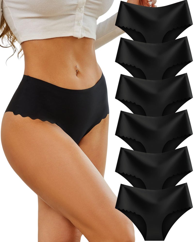 Sth Big High Waisted Seamless Underwear for Women No Show Panties Cheeky Scalloped Edge Bikini Breathable Briefs 6 Pack, Large Black - Image 1