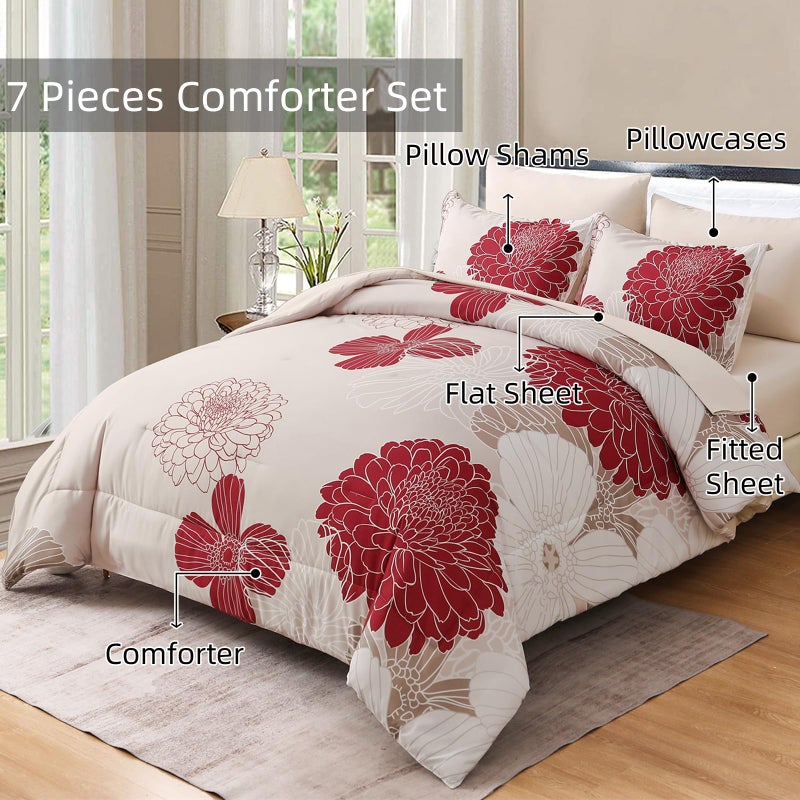 Yiran 7 Pieces Queen Comforter Set Red Floral Bed in a Bag Soft Microfiber Bedding Set 90"Ã—90"(1 Comforter 1 Flat Sheet 1 Fitted Sheet 2 Pillowshams 2 Pillowcases) - Image 3