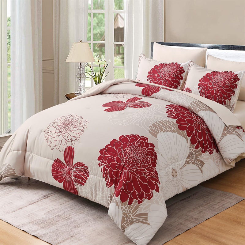 Yiran 7 Pieces Queen Comforter Set Red Floral Bed in a Bag Soft Microfiber Bedding Set 90"Ã—90"(1 Comforter 1 Flat Sheet 1 Fitted Sheet 2 Pillowshams 2 Pillowcases) - Image 1