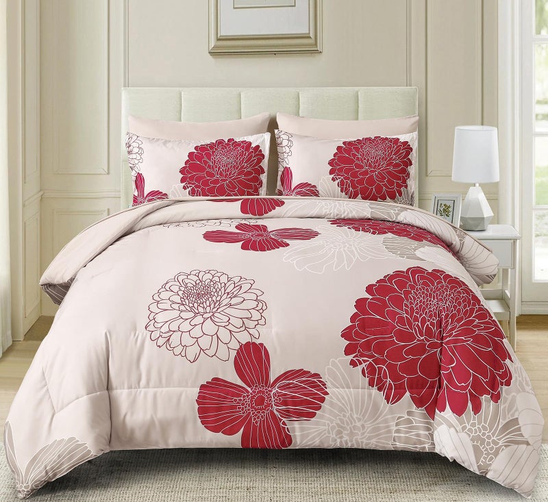 Yiran 7 Pieces Queen Comforter Set Red Floral Bed in a Bag Soft Microfiber Bedding Set 90"Ã—90"(1 Comforter 1 Flat Sheet 1 Fitted Sheet 2 Pillowshams 2 Pillowcases) - Image 2