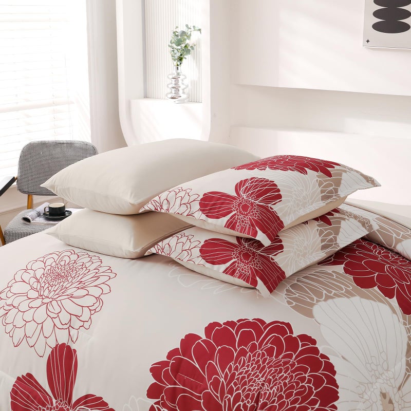 Yiran 7 Pieces Queen Comforter Set Red Floral Bed in a Bag Soft Microfiber Bedding Set 90"Ã—90"(1 Comforter 1 Flat Sheet 1 Fitted Sheet 2 Pillowshams 2 Pillowcases) - Image 5
