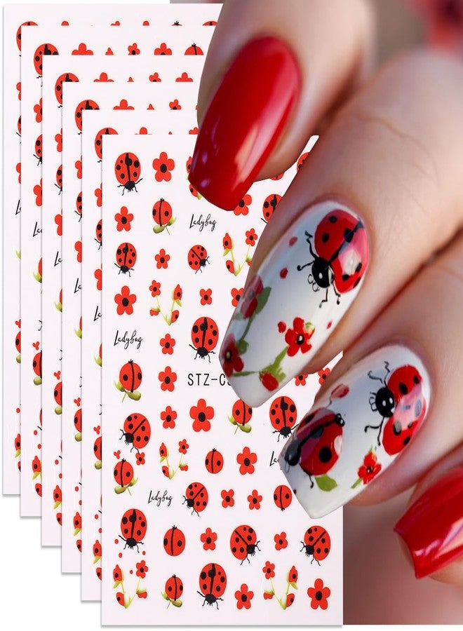 SINSEN Ladybug Nail Art Stickers Decals 3D Self-Adhesive Red Flower Animal Nail Decals 6PCS Cute Ladybugs Floral Spring Summer Nails Design Nail Art Accessories Transfer Sliders for Women Manicure Decor - Image 2