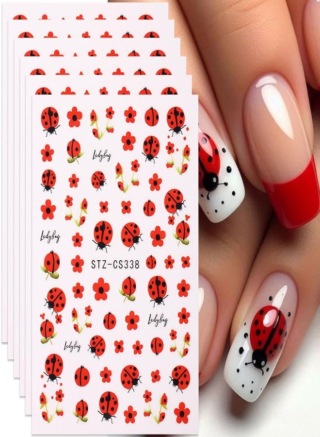 SINSEN Ladybug Nail Art Stickers Decals 3D Self-Adhesive Red Flower Animal Nail Decals 6PCS Cute Ladybugs Floral Spring Summer Nails Design Nail Art Accessories Transfer Sliders for Women Manicure Decor - Image 1