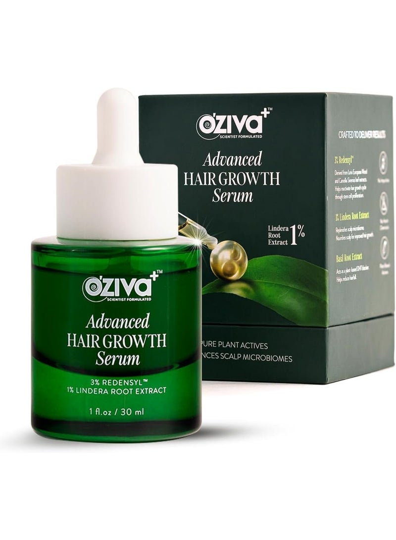 Oziva Advanced Hair Growth Serum with 3% Redensyl & 1% Lindera Root Extract, Balances Scalp Microbiome & Activates Hair Growth, Scientist Formulated with Pure Plant Actives, No side effects, 30ml