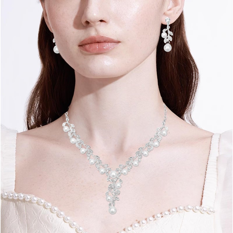CSY Elegant Bridal Necklace Earrings Bracelets Leaves Shape Wedding Prom Dress Accessories White Rhinestones Pearl Jewelry Sets for Bride Bridesmaid (Style #1 - Silver Tone) - Image 2