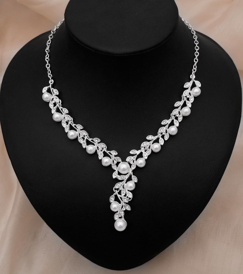 CSY Elegant Bridal Necklace Earrings Bracelets Leaves Shape Wedding Prom Dress Accessories White Rhinestones Pearl Jewelry Sets for Bride Bridesmaid (Style #1 - Silver Tone) - Image 4
