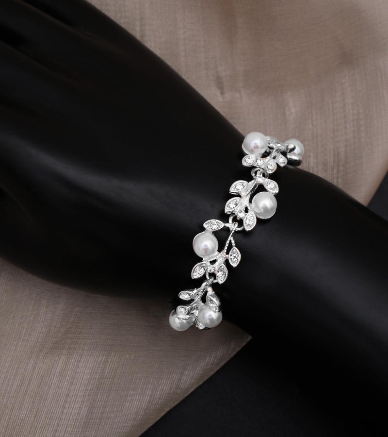 CSY Elegant Bridal Necklace Earrings Bracelets Leaves Shape Wedding Prom Dress Accessories White Rhinestones Pearl Jewelry Sets for Bride Bridesmaid (Style #1 - Silver Tone) - Image 5