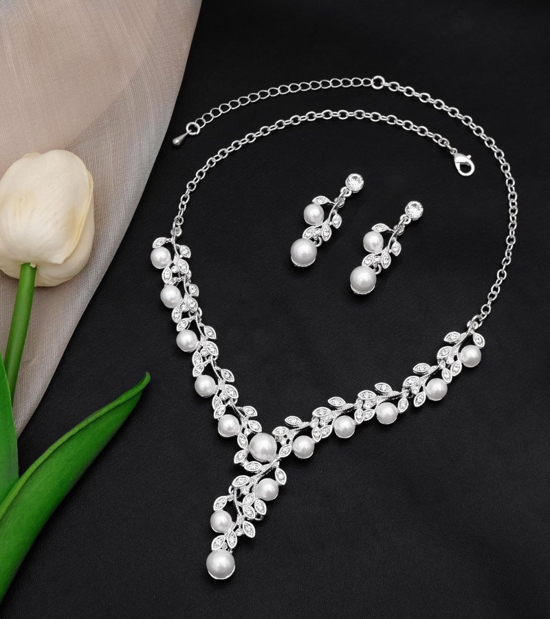 CSY Elegant Bridal Necklace Earrings Bracelets Leaves Shape Wedding Prom Dress Accessories White Rhinestones Pearl Jewelry Sets for Bride Bridesmaid (Style #1 - Silver Tone) - Image 3