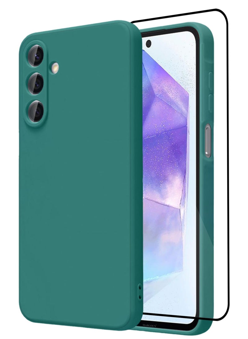 CATANES 2Packs Liquid Silicone Case for Samsung Galaxy A55 Protective Phone Case with Soft Anti-Scratch Microfiber Lining Utra Slim Drop Protection Phone Cover with 3D Screen Protector - Green - Image 1