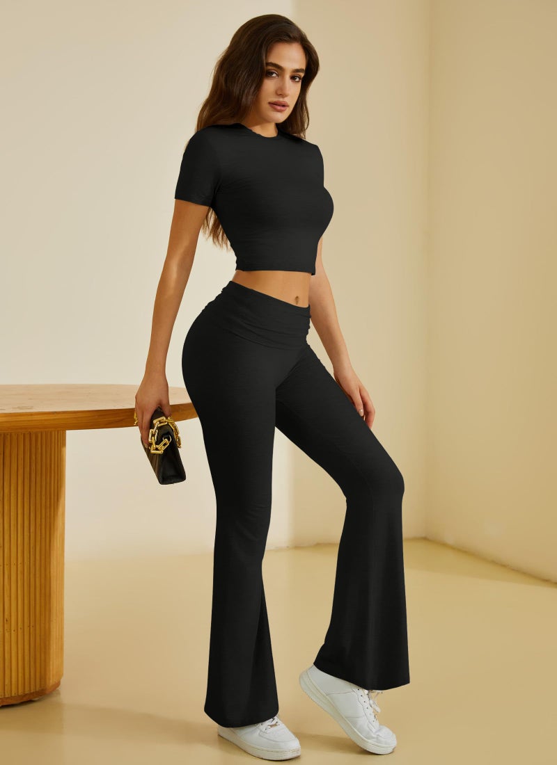 COPYLEAF Two Piece Lounge Sets for Women Fold Over Flare Pants Short Sleeve Crop Top Y2k Outfits Matching Set Tracksuit(Black M) - Image 2